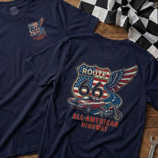 Route 66 All-American Highway t-shirt with vintage car and motorcycle.