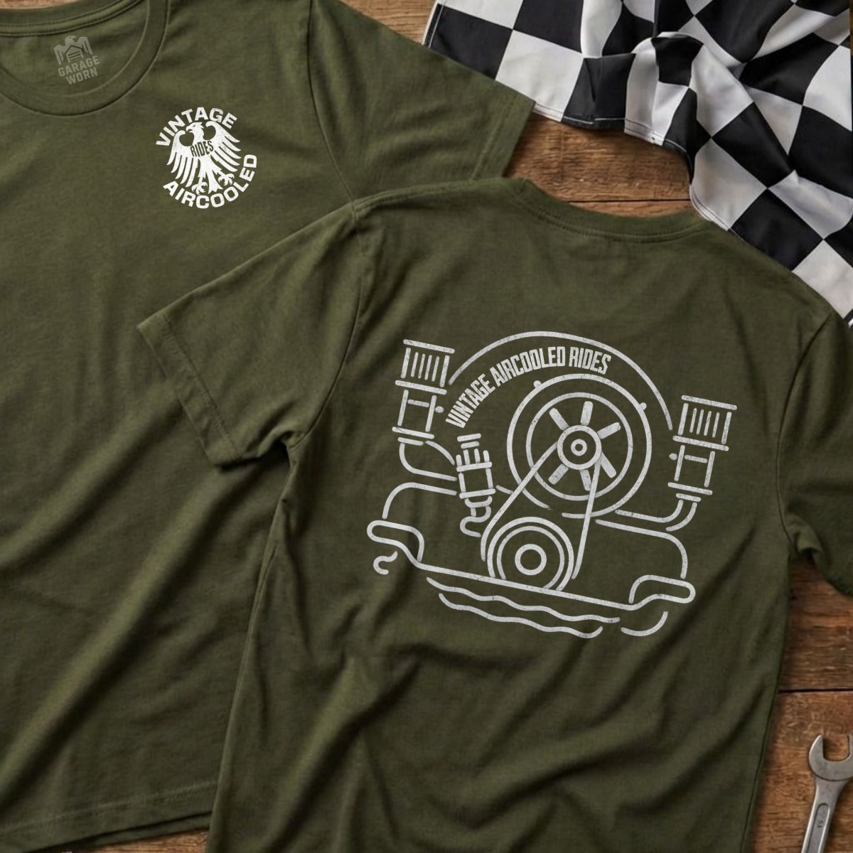 Green t-shirt with white outline of an air-cooled engine and "Vintage Aircooled Rides" logo.