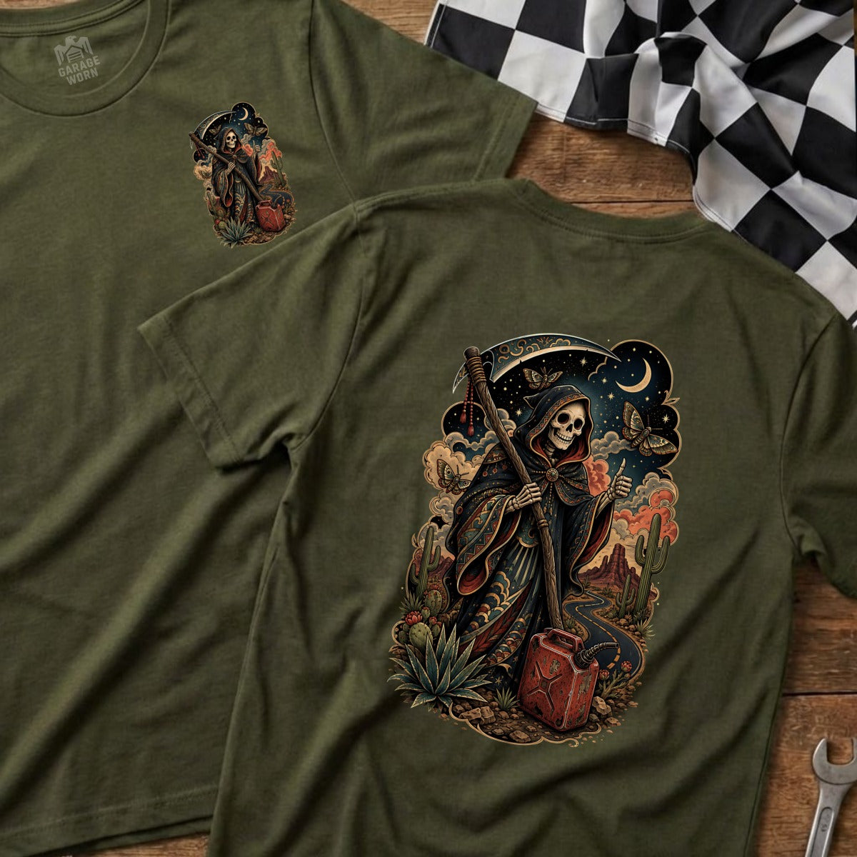 Green t-shirt with Grim Reaper, gas can, desert, and butterflies graphic.