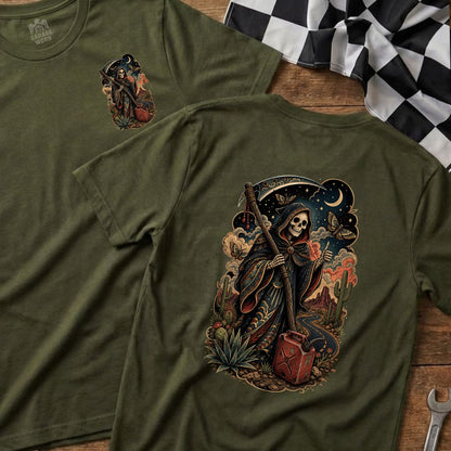 Green t-shirt with Grim Reaper, gas can, desert, and butterflies graphic.