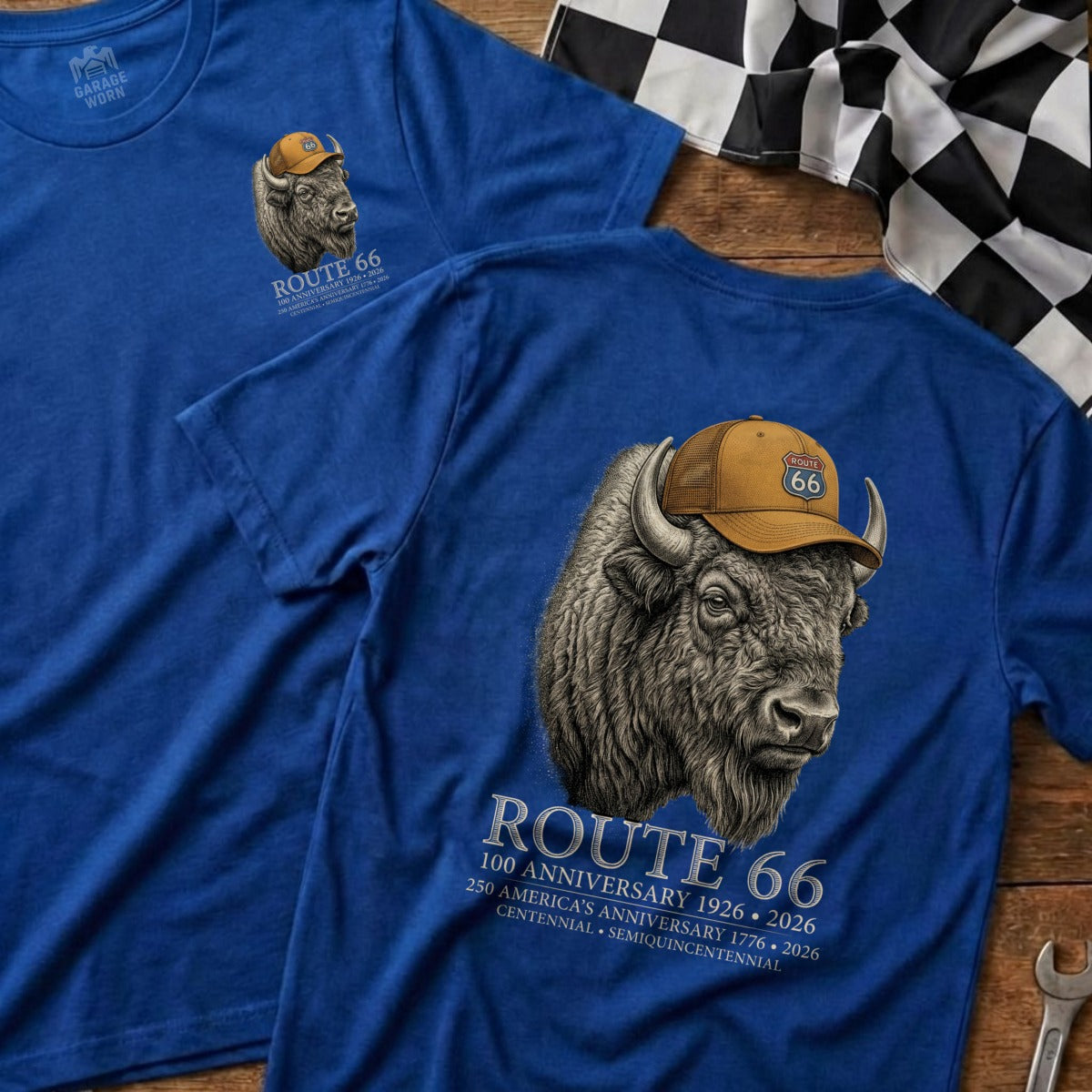 Blue t-shirt with Route 66 buffalo graphic and text commemorating anniversaries.