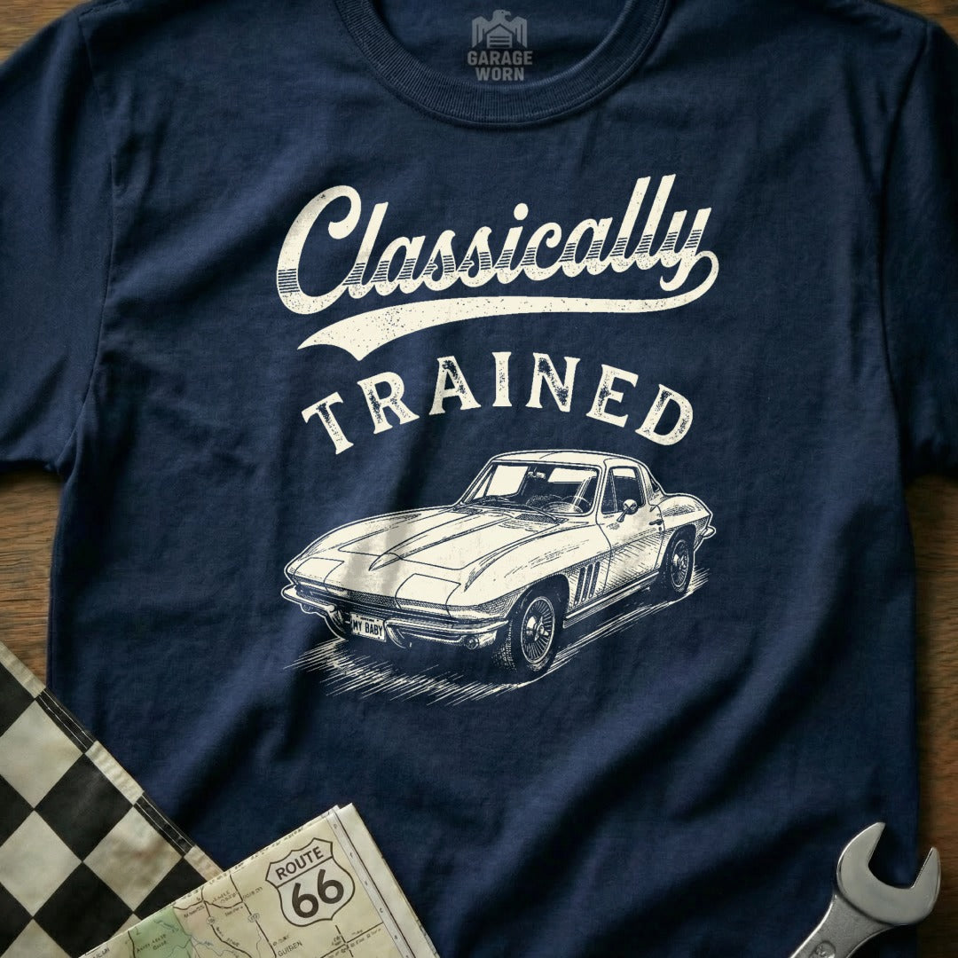 Navy t-shirt with "Classically TRAINED" text and a vintage car graphic.