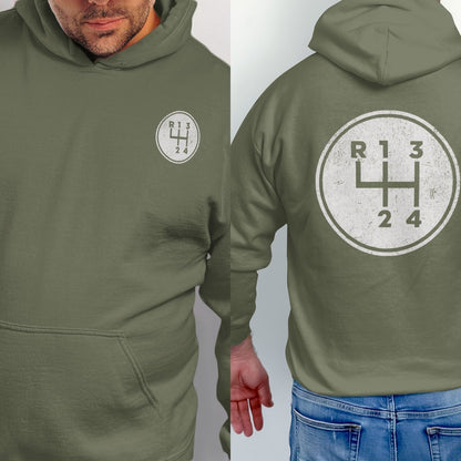 Olive hoodie with a white circular shift pattern graphic on the back.
