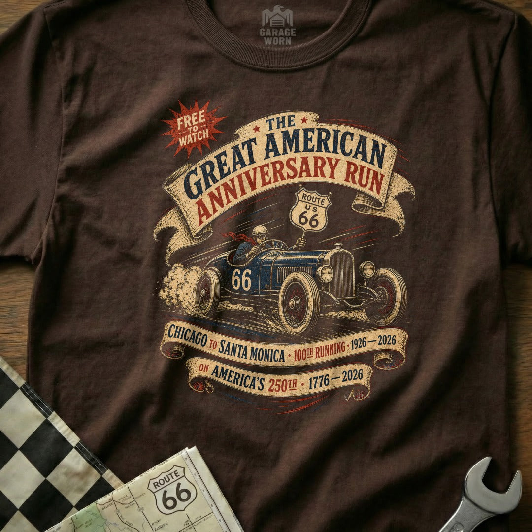 T-shirt with vintage car and "Great American Anniversary Run" text.