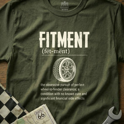 Olive t-shirt with "FITMENT" text, wheel graphic, and definition.