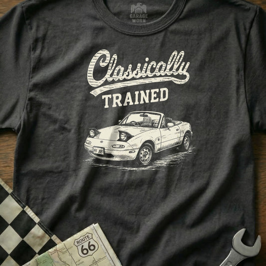 T-shirt with "Classically Trained" text and a sketch of a white convertible car.