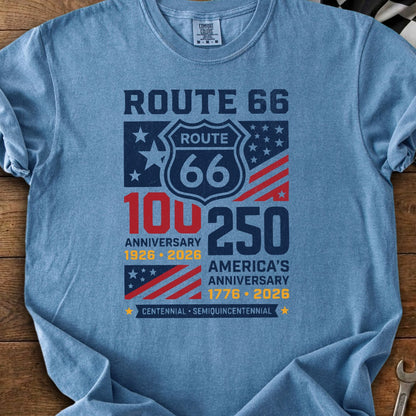 Route 66 and America 250th anniversary t-shirt with dates 1926-2026 and 1776-2026.