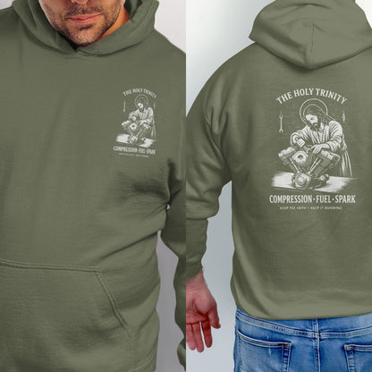 Military green hoodie with "The Holy Trinity Compression Fuel Spark" graphic.