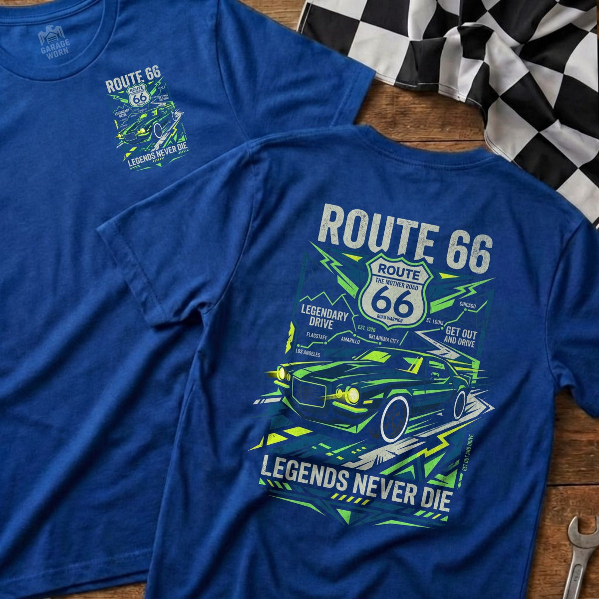 Blue t-shirts featuring Route 66 graphics and "Legends Never Die" text.