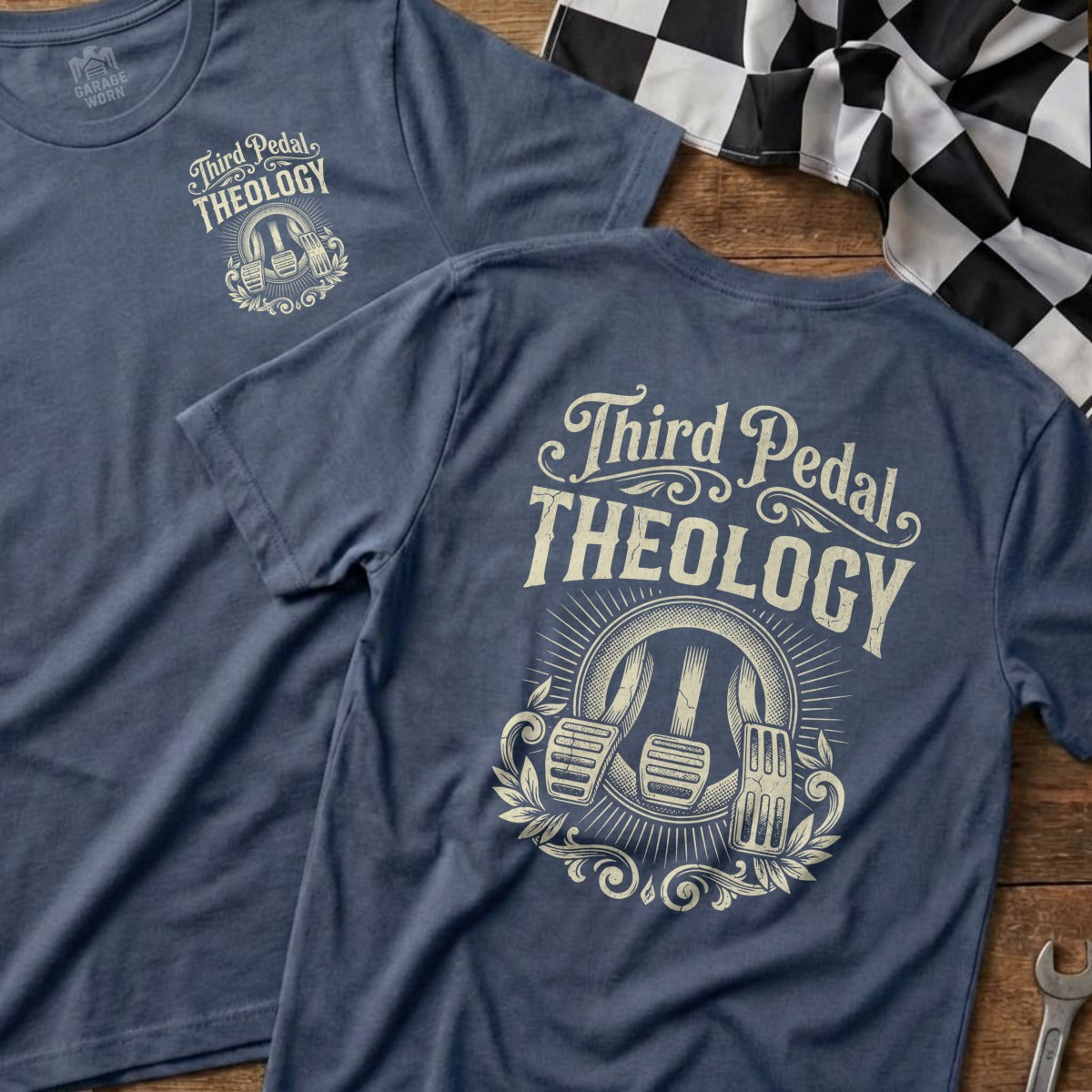Blue t-shirt with "Third Pedal Theology" and clutch, brake, gas pedals graphic.