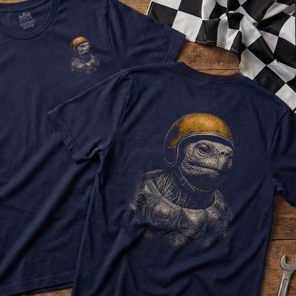 Navy t-shirt with detailed print of a tortoise wearing a vintage helmet and checkered flag.
