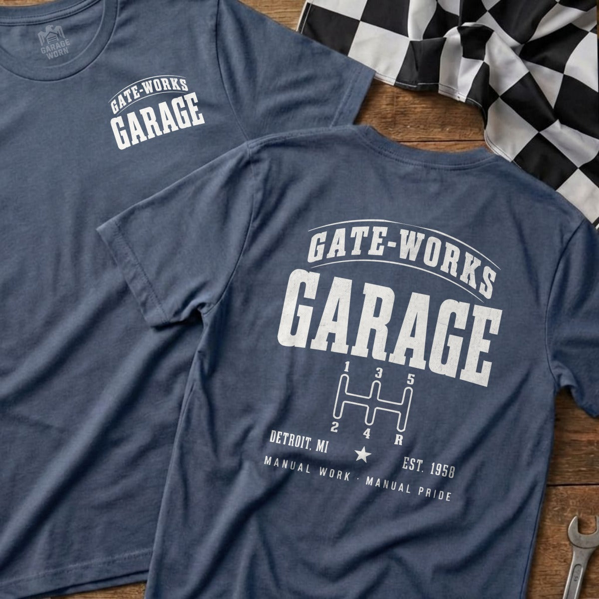 Blue t-shirt with "GATE-WORKS GARAGE" and a 5-speed manual shift pattern.