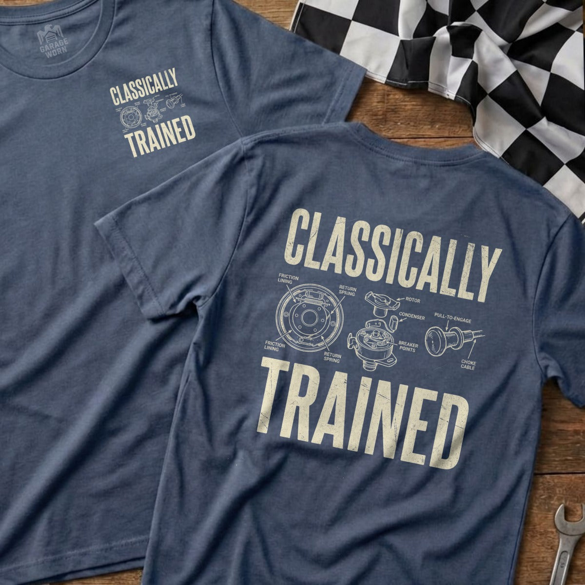 Blue t-shirts with "CLASSICALLY TRAINED" and a diagram of car engine parts.