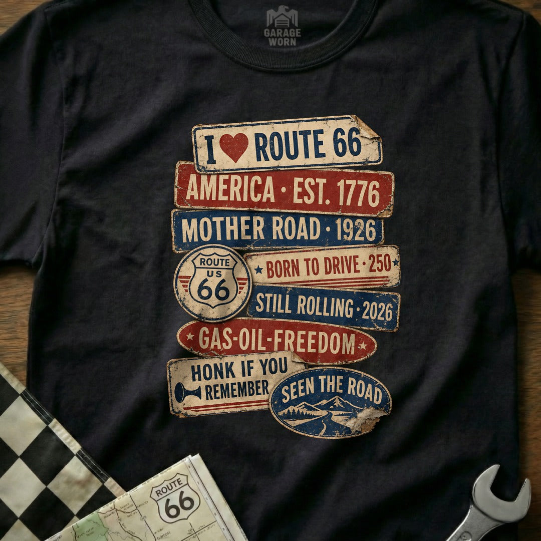 Black t-shirt with Route 66 graphics and patriotic slogans.