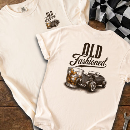 Cream t-shirt with "Old Fashioned" text and vintage car with whiskey glass.