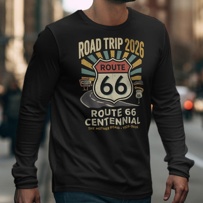 Black long-sleeve shirt with Route 66 Centennial design and "Road Trip 2026" text.