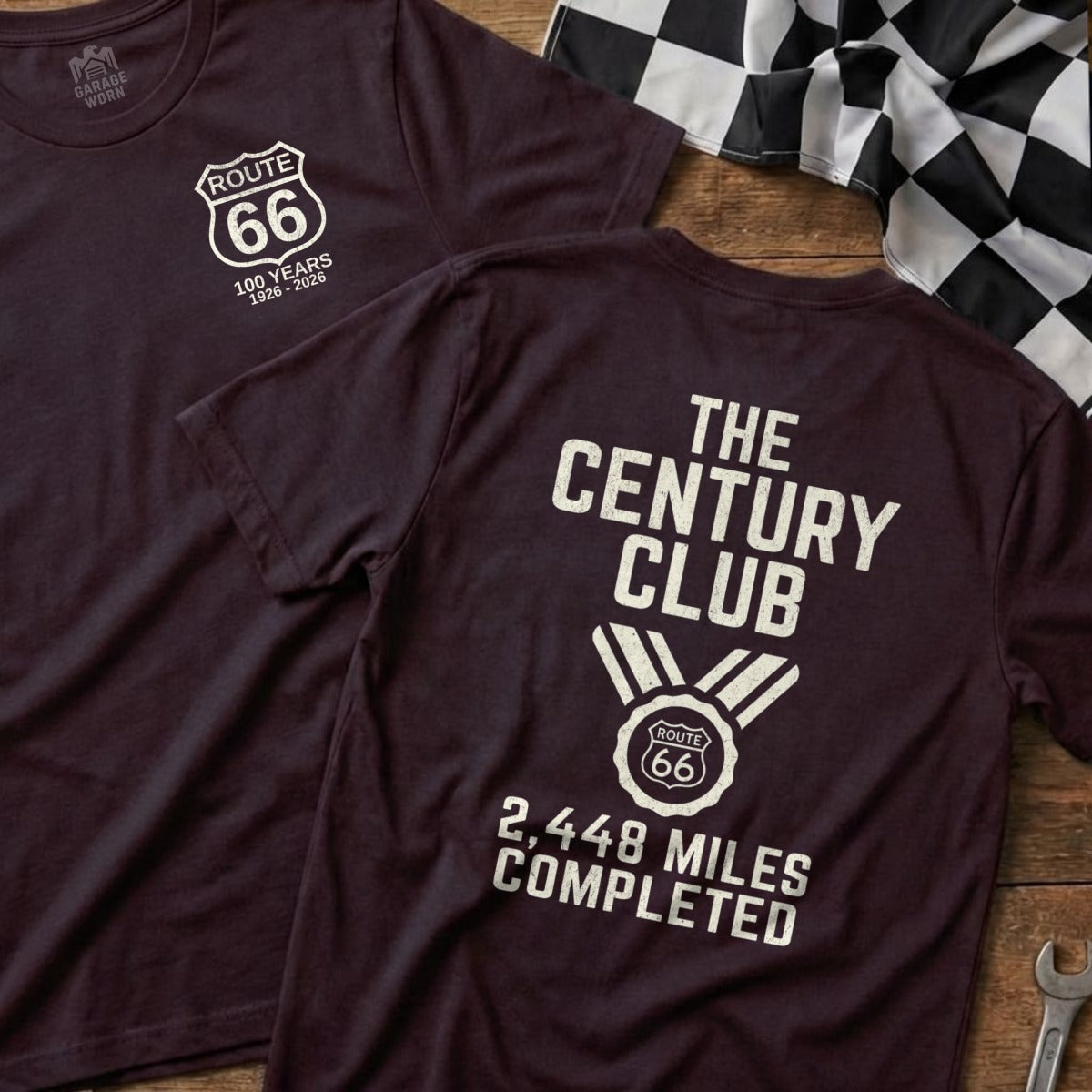Burgundy t-shirt with "Route 66 100 Years" on the front and "The Century Club 2,448 Miles Completed" on the back.