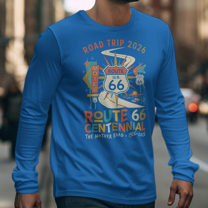 Blue long-sleeve shirt with Route 66 Centennial "The Mother Road" graphic.