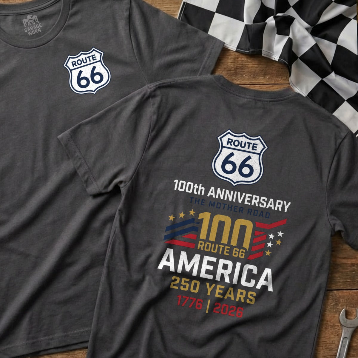 Dark gray t-shirt celebrating Route 66's 100th anniversary and America's 250 years.