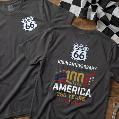 Dark gray t-shirt celebrating Route 66's 100th anniversary and America's 250 years.
