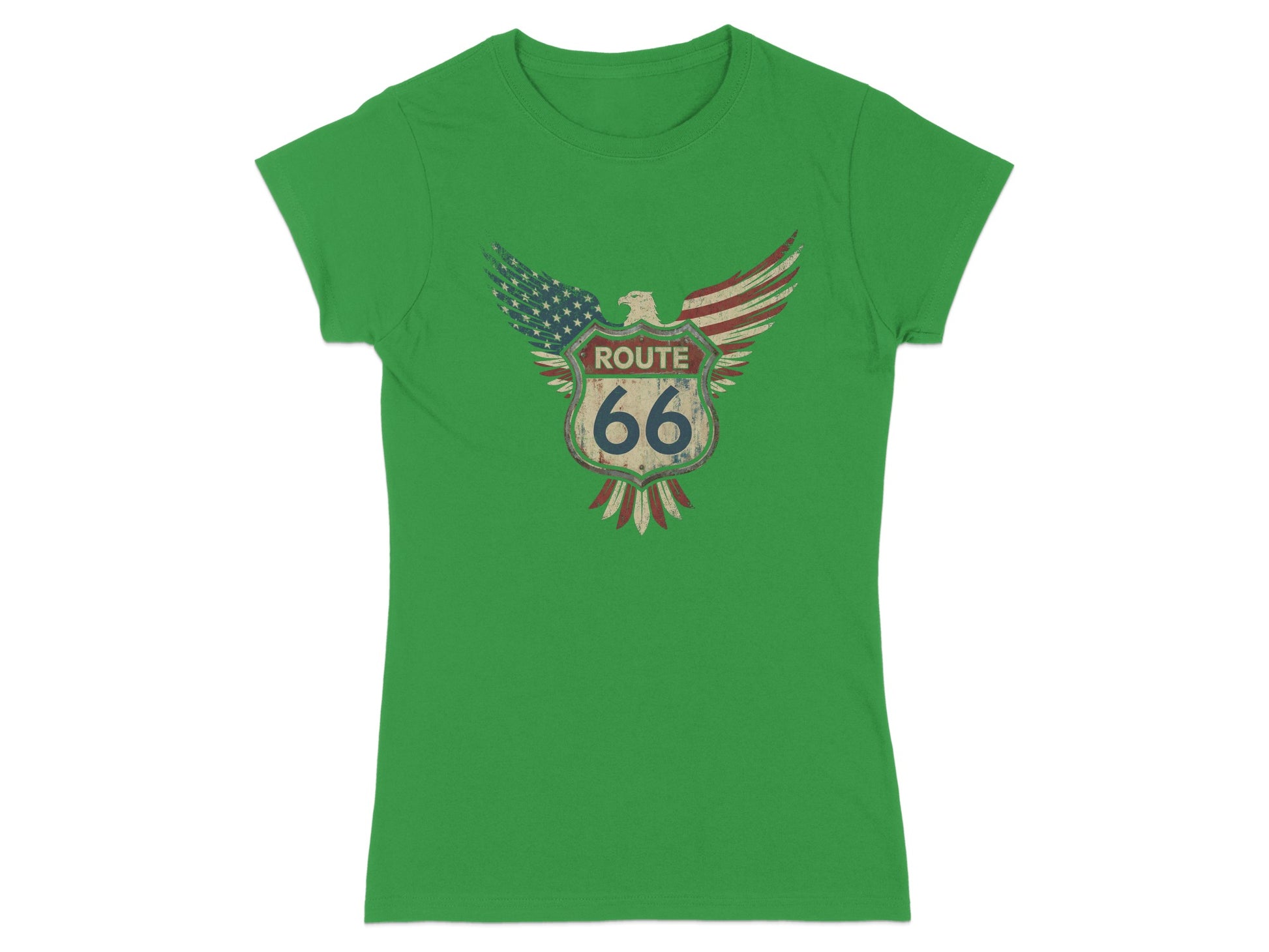 Green t-shirt with a distressed Route 66 eagle logo featuring the American flag.