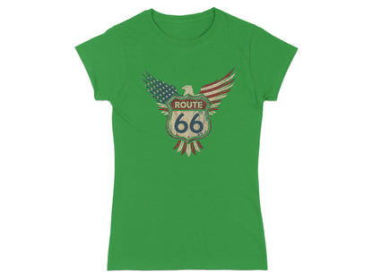 Green t-shirt with a distressed Route 66 eagle logo featuring the American flag.