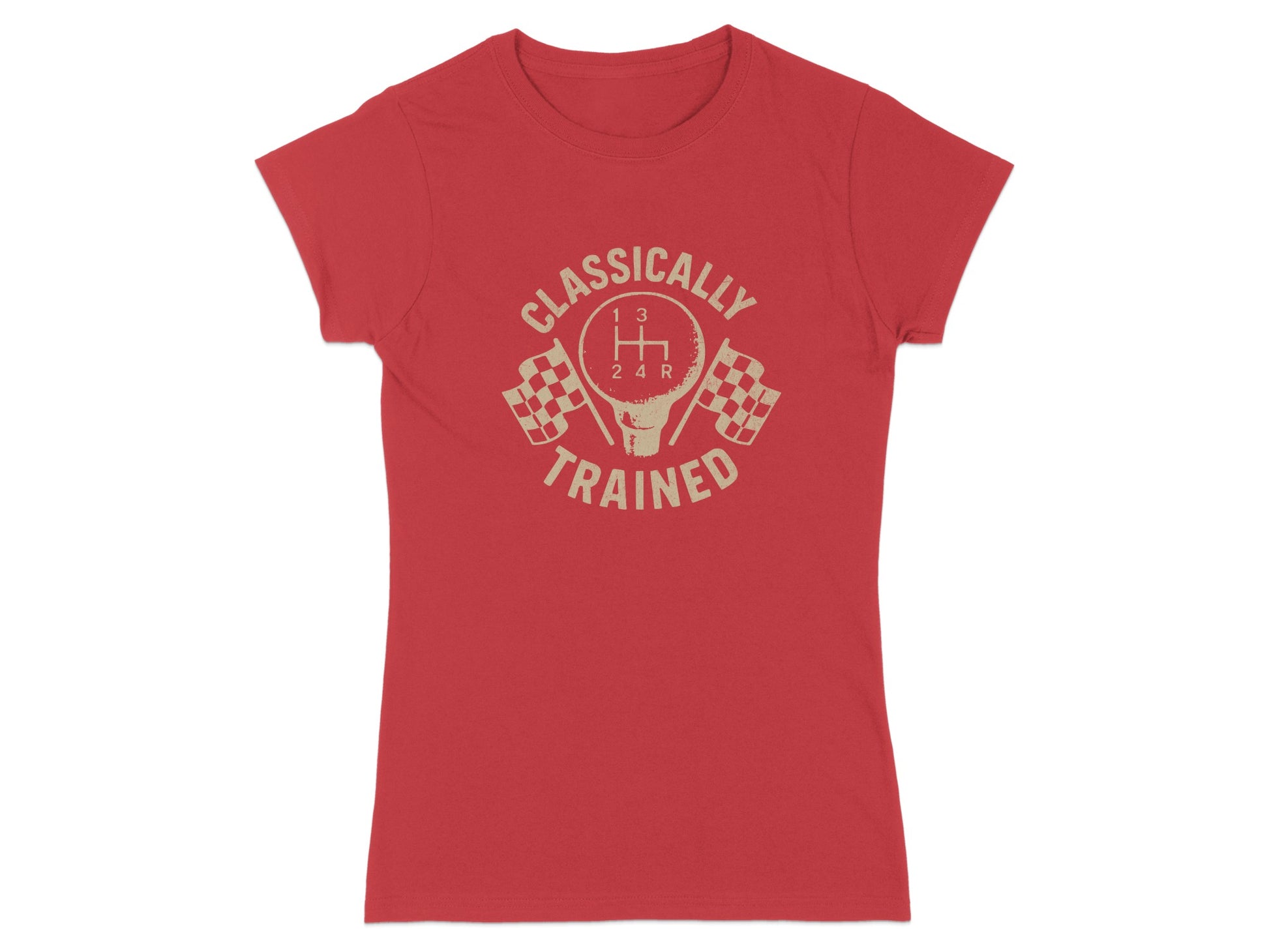 Red t-shirt with "CLASSICALLY TRAINED" and a manual transmission shift pattern.