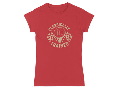 Red t-shirt with "CLASSICALLY TRAINED" and a manual transmission shift pattern.