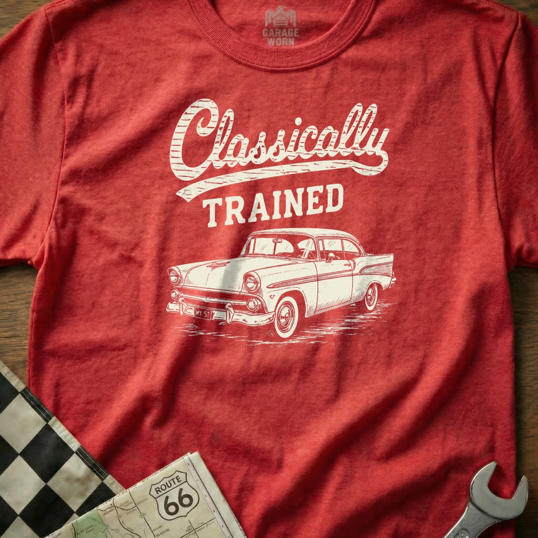 Red shirt with white graphic: "Classically TRAINED" and a vintage car.