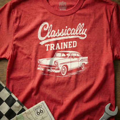 Red shirt with white graphic: "Classically TRAINED" and a vintage car.