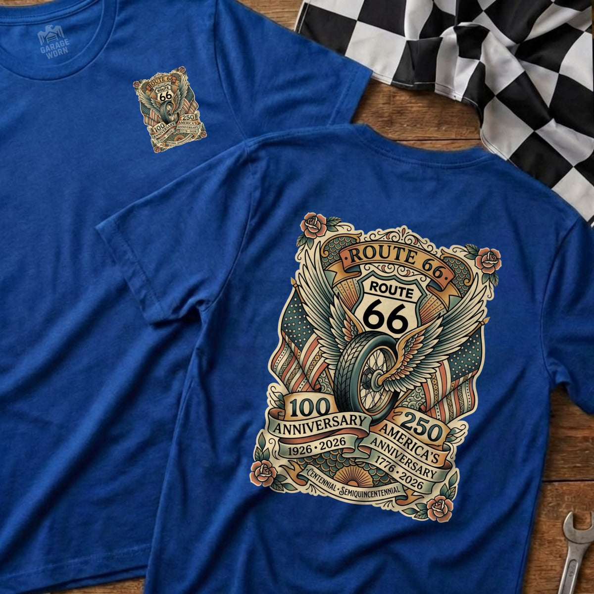 Blue t-shirt with Route 66 100th and 250th anniversary graphic.