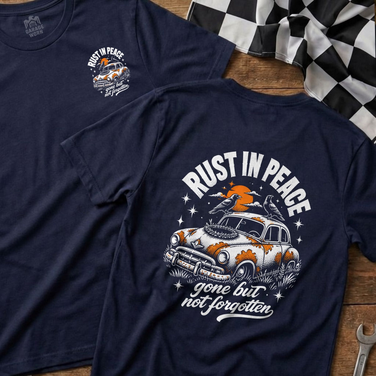 Navy t-shirt with "Rust in Peace, gone but not forgotten" graphic.