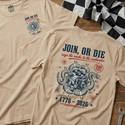Tan t-shirt with "Join, or Die" and a snake around a carburetor.
