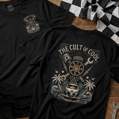 T-shirt featuring "The Cult of Cool" and a vintage VW van design.