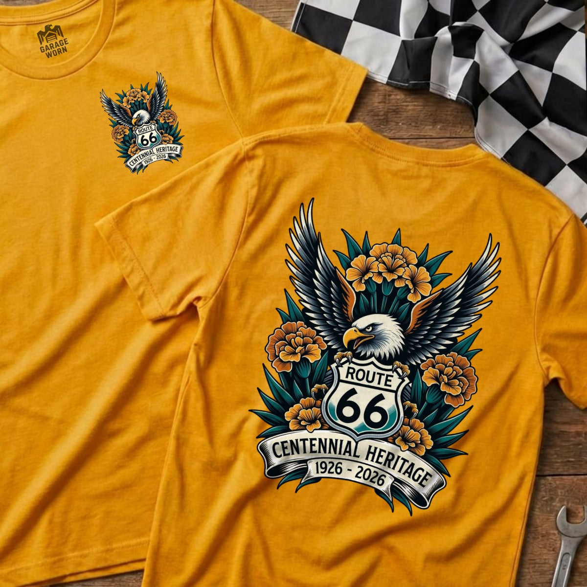 Eagle and Route 66 shield graphic on a yellow t-shirt, front and back view.
