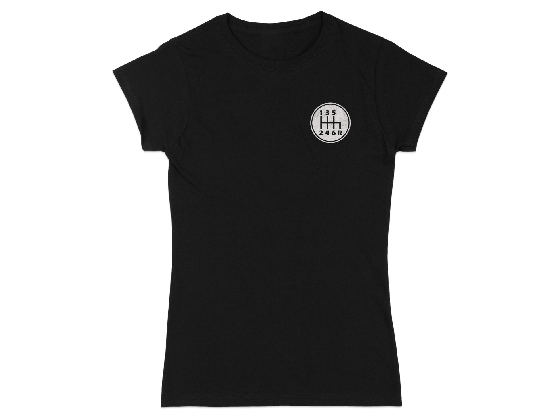 Black t-shirt with a white manual gear shift pattern logo on the chest.