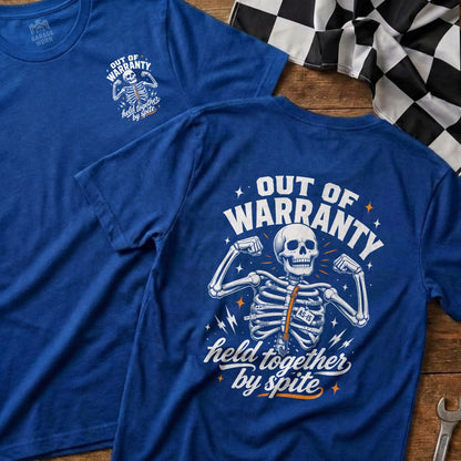 Blue t-shirt with skeleton graphic that says "Out of Warranty, Held Together by Spite."