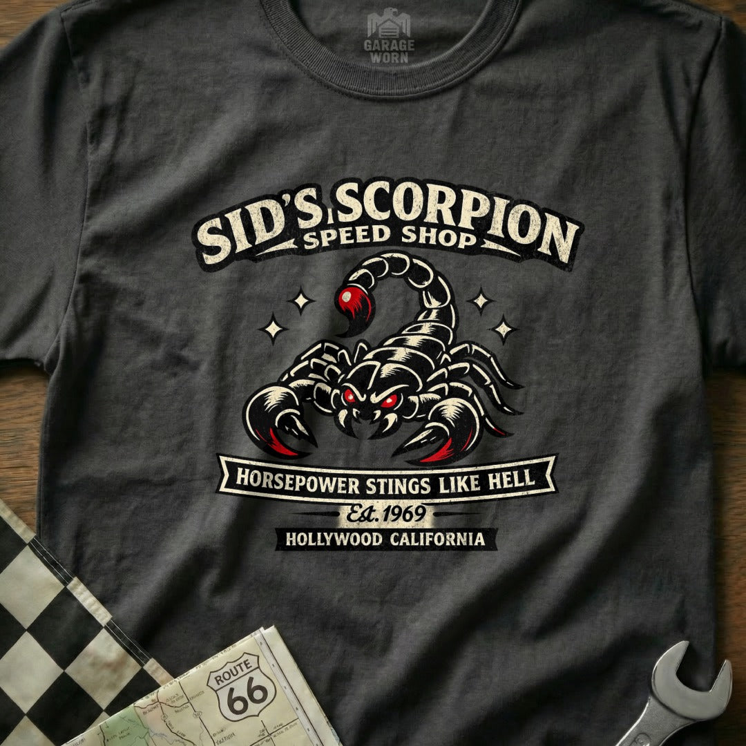 Sid's Scorpion Speed Shop Horsepower Stings Like Hell Shirt