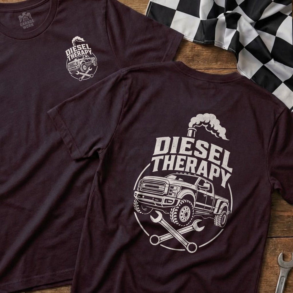 Dark t-shirts with white "Diesel Therapy" graphic featuring a truck and wrenches.
