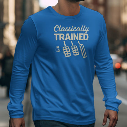 Blue long-sleeve shirt with "Classically TRAINED" text and clutch, brake, and gas pedals.