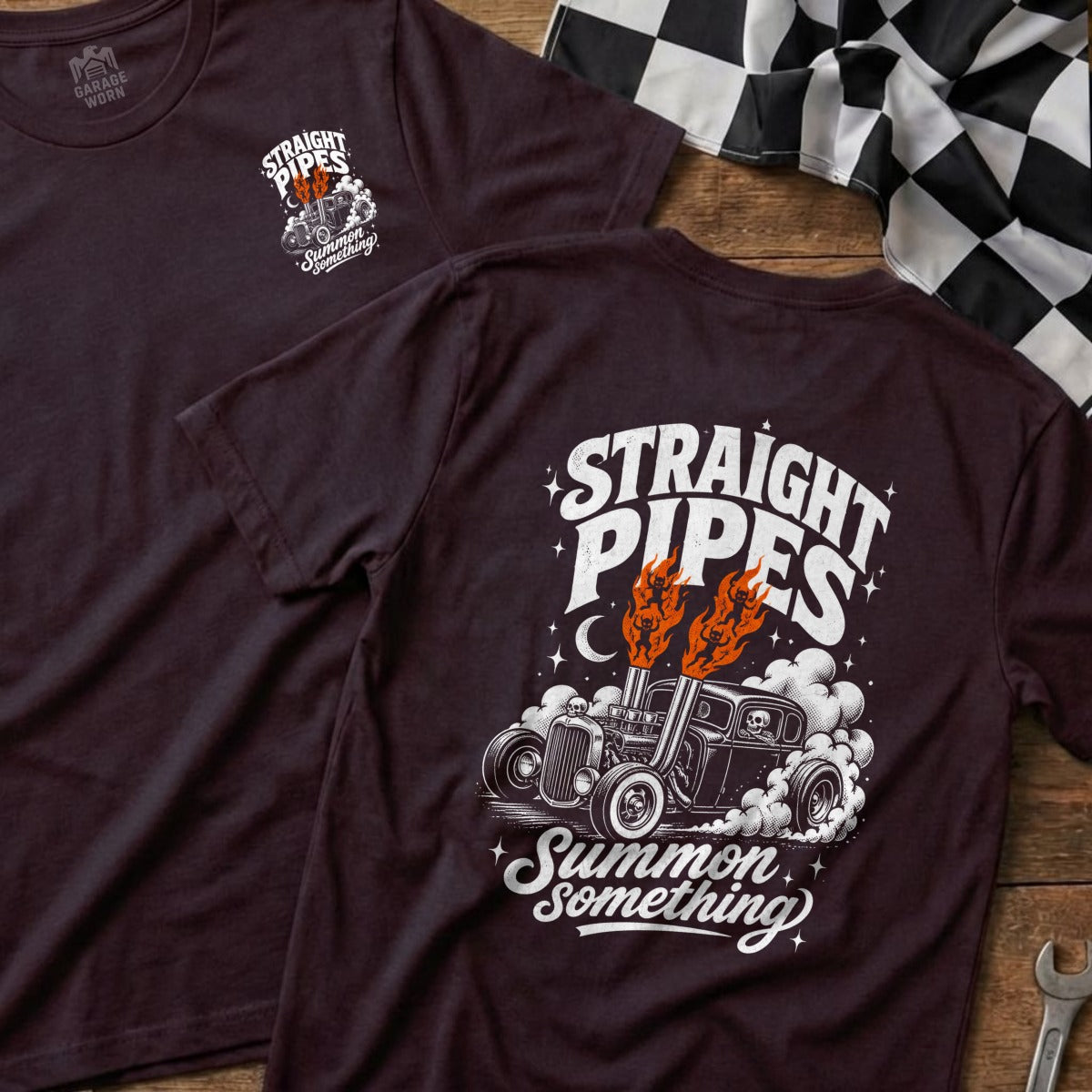 Dark t-shirt with "Straight Pipes Summon Something" text and hot rod graphic.