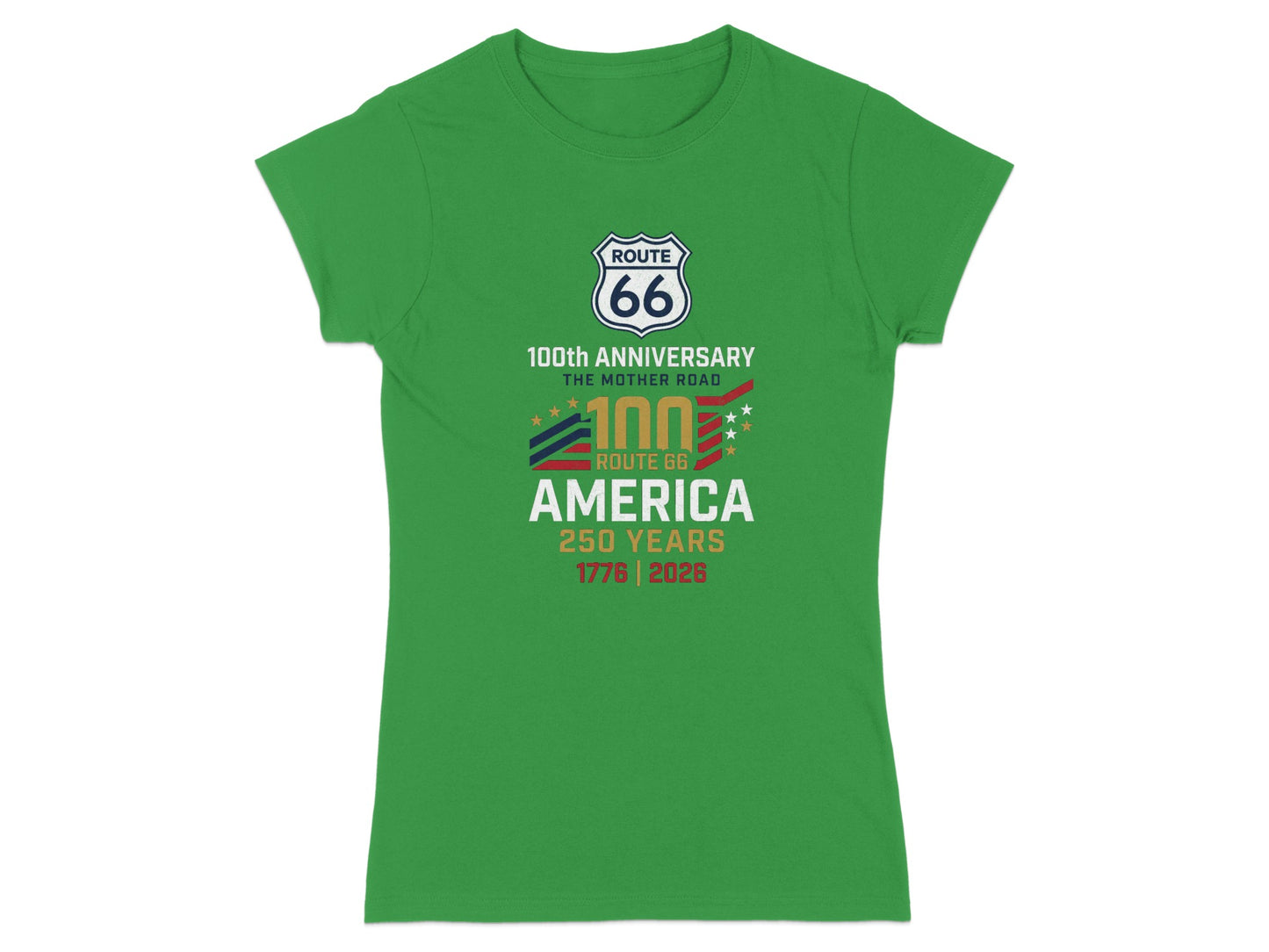 Green t-shirt with Route 66 100th anniversary logo.