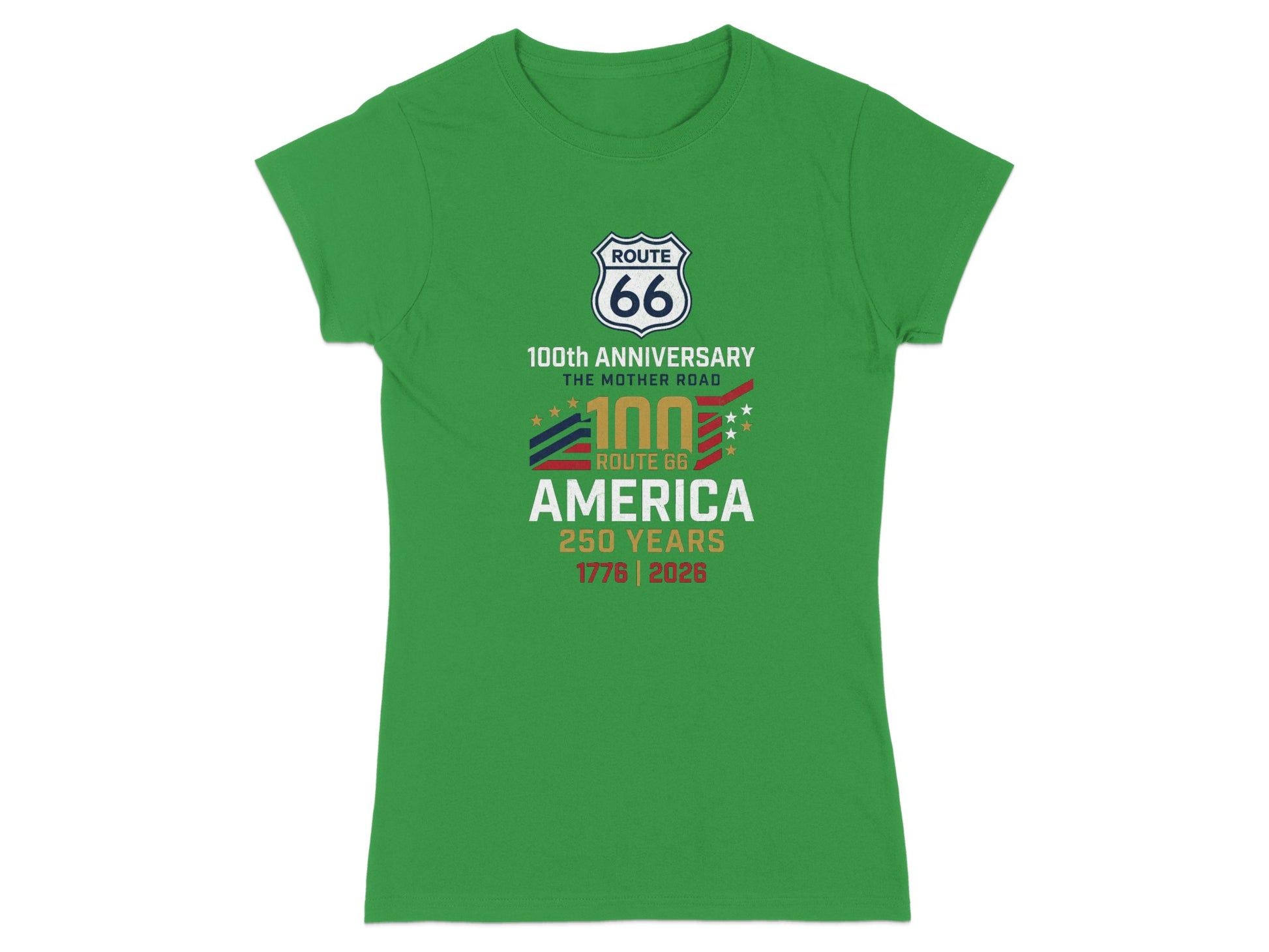 Green t-shirt with Route 66 100th anniversary logo.