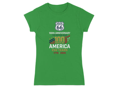 Green t-shirt with Route 66 100th anniversary logo.
