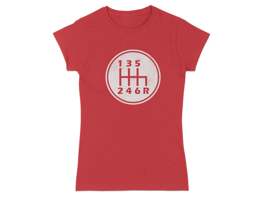 Red t-shirt with distressed white manual transmission shift pattern graphic.