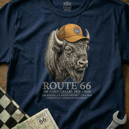 Navy blue t-shirt with a Route 66 themed bison wearing a hat and text.