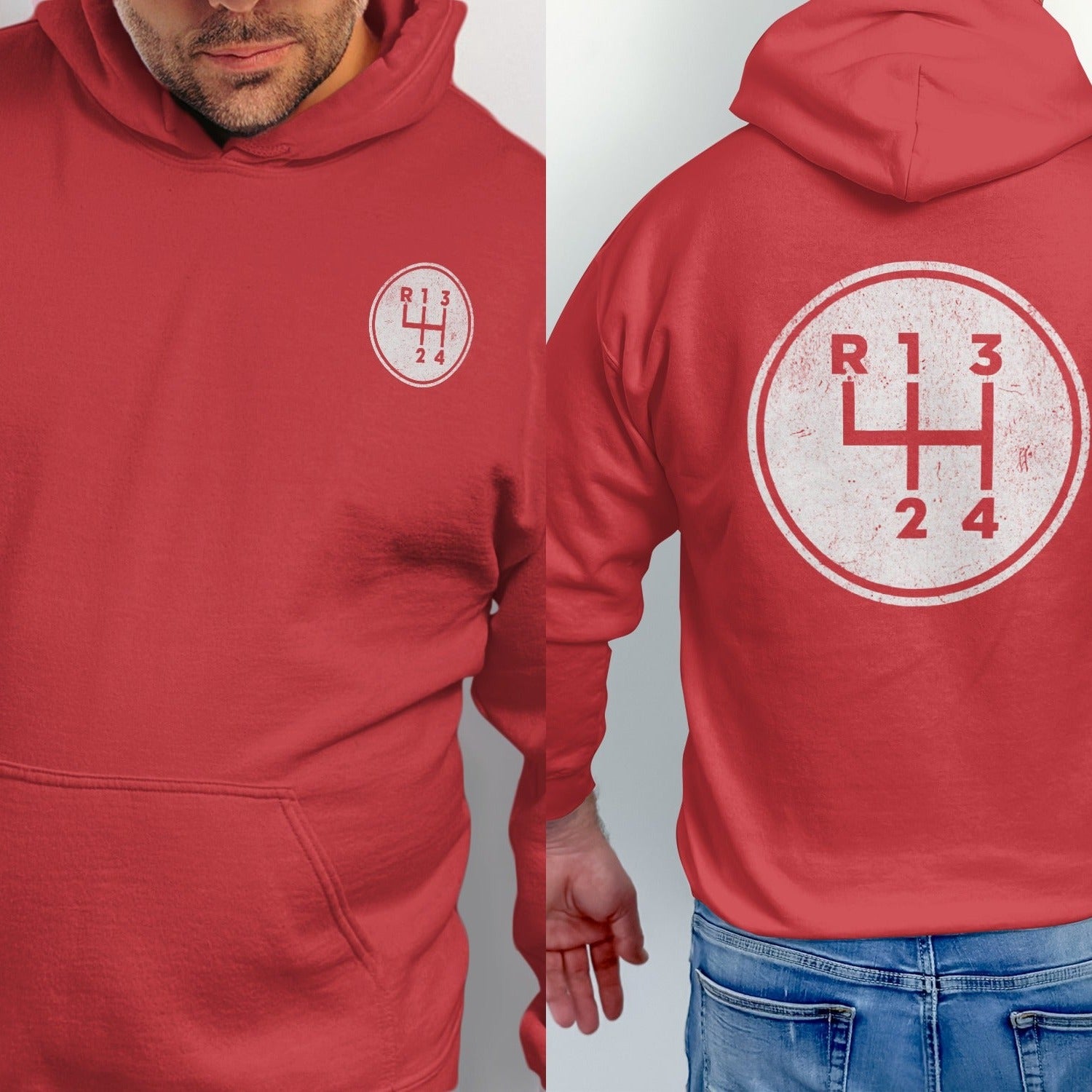 Red hoodie with a white manual gear shift diagram on the front and back.