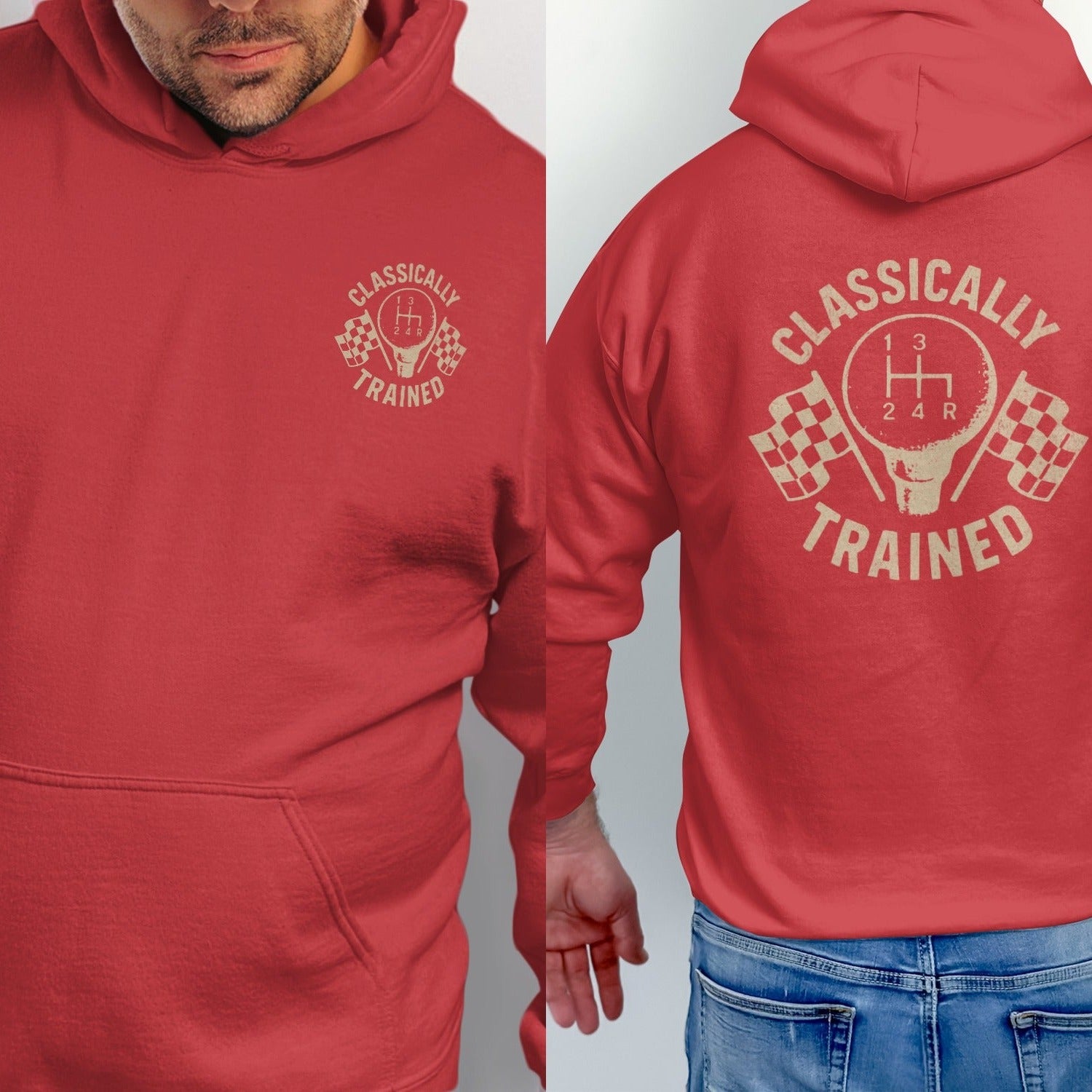 Red hoodie front graphic with "Classically Trained" text and gear shift; back with same graphic.