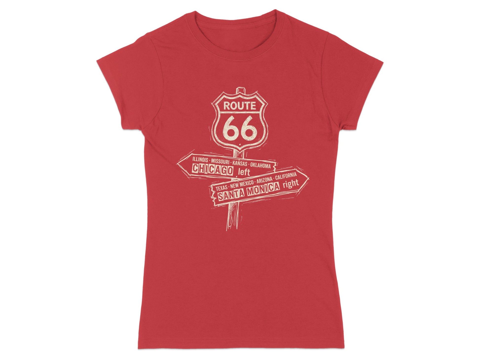 Red t-shirt with "Route 66" signpost listing states and cities.