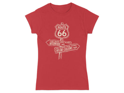 Red t-shirt with "Route 66" signpost listing states and cities.